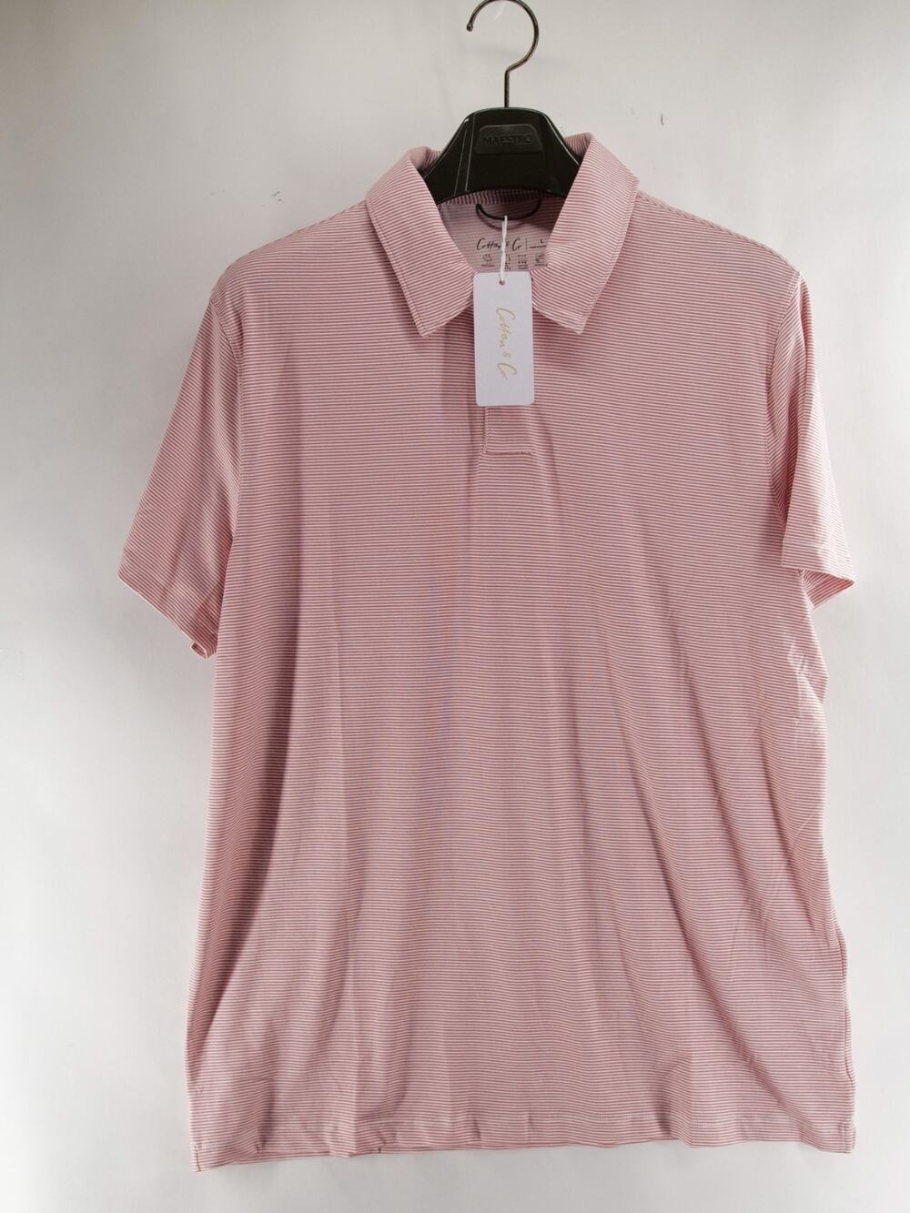 NWT Cotton & Co Men Large Golf Polo Shirt Clay Pink Striped Performance Stretch